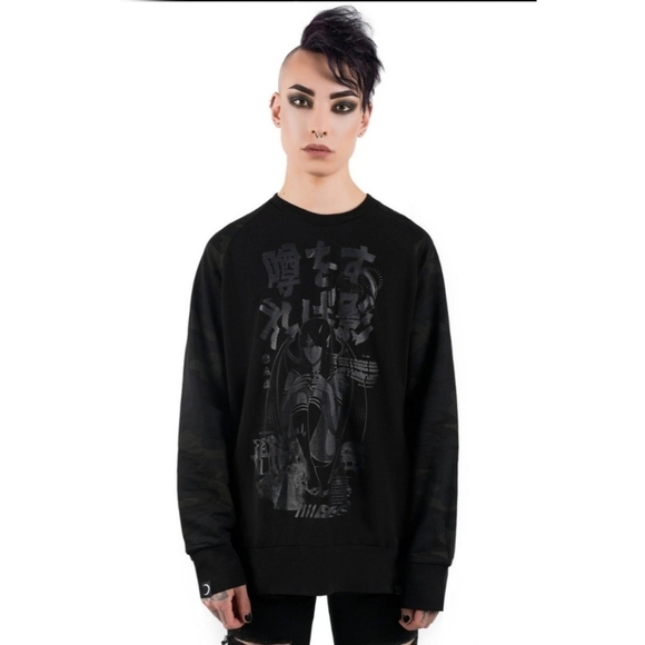 Killstar ✦ Rumour Camo Sweatshirt ✦ M Black Pullover Gothic Quote Camo Sleeves - Picture 7 of 8